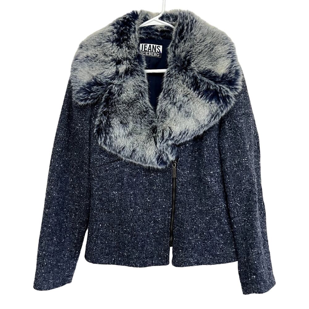 ICEBERG JEANS Women's size S Blue Speckle Wool Faux Fur Contemporary Jacket